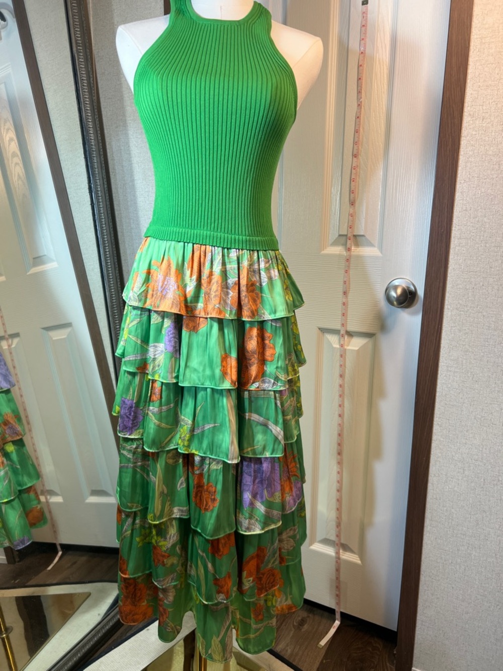 Current Air Green Tiered Floral Maxi Skirt with Orange & Purple Accents